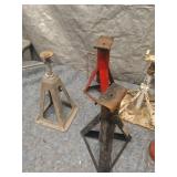 Assorted Heavy Duty Vehicle Jack Stands and Red Reflectors