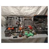 Collection of Power Tools and Chargers Including Bosch Drill and Black & Decker Cases