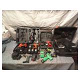 Collection of Power Tools and Chargers Including Bosch Drill and Black & Decker Cases