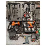 Collection of Power Tools and Chargers Including Bosch Drill and Black & Decker Cases
