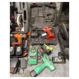 Collection of Power Tools and Chargers Including Bosch Drill and Black & Decker Cases