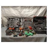 Collection of Power Tools and Chargers Including Bosch Drill and Black & Decker Cases