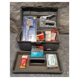 Hand Stapler, Hammer Tacker, and Staple Collection in Toolbox