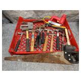 Assorted Hand Tools Including Hammers, Mallet, and Saw