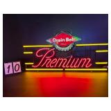 Grain Belt Premium Beer, with logo and gold stripes, neon sign