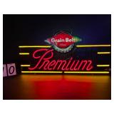 Grain Belt Premium Beer, with logo and gold stripes, neon sign