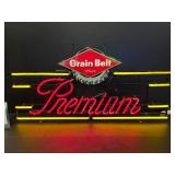 Grain Belt Premium Beer, with logo and gold stripes, neon sign