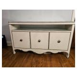 Bernhardt Furniture Entertainment Consol Features Burlap Upholstery & Brass Tac Edgework