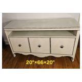 Bernhardt Furniture Entertainment Consol Features Burlap Upholstery & Brass Tac Edgework