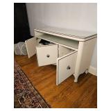 Bernhardt Furniture Entertainment Consol Features Burlap Upholstery & Brass Tac Edgework