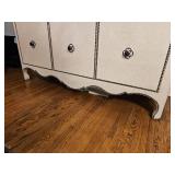 Bernhardt Furniture Entertainment Consol Features Burlap Upholstery & Brass Tac Edgework