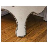 Bernhardt Furniture Entertainment Consol Features Burlap Upholstery & Brass Tac Edgework