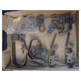 Flat of misc vintage trigger assemblies & archery broad heads & gun mats. As shown.