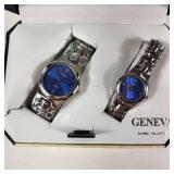 New His And Hers Geneva Watches Blue Face Silver Bands With Box