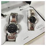 New His And Hers Geneva Watch Set Black Face Silver Band In Box
