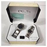 New His And Hers Geneva Watch Set Black Face Silver Band Quartz Stainless Steel Back