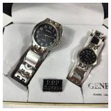New His And Hers Geneva Watch Set Black Face Silver Band Quartz Stainless Steel Back
