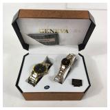 New His And Hers Geneva Watch Set Black Face Silver/Gold Band In Box Water Resistant Quartz Stainless Steel Back