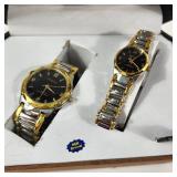 New His And Hers Geneva Watch Set Black Face Silver/Gold Band In Box Water Resistant Quartz Stainless Steel Back