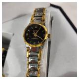 New His And Hers Geneva Watch Set Black Face Silver/Gold Band In Box Water Resistant Quartz Stainless Steel Back