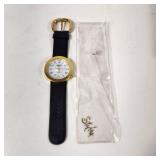 New Beautician/Barber Watch White Pearl Like Face Gold Hands Quartz Black Leather Band