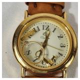 New Beautician/Barber Watch White Face Gold Hands Quartz  Leather Band