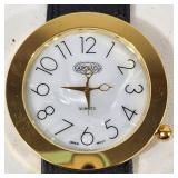 New Beautician/Barber Watch White Pearl Like Face Gold Hands Quartz Black Leather Band