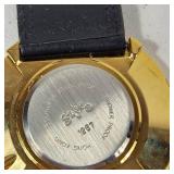 New Beautician/Barber Watch White Pearl Like Face Gold Hands Quartz Black Leather Band