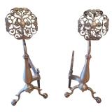 Pair of Antique Brass Andirons with Floral Openwork Design