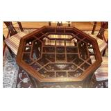 Vintage Chinese Chippendale Chinoiserie Style Mahogany Dining Table With Octagon Glass Top, 8 Chairs & Large Red Ornate Area Rug