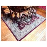 Vintage Chinese Chippendale Chinoiserie Style Mahogany Dining Table With Octagon Glass Top, 8 Chairs & Large Red Ornate Area Rug