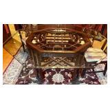 Vintage Chinese Chippendale Chinoiserie Style Mahogany Dining Table With Octagon Glass Top, 8 Chairs & Large Red Ornate Area Rug