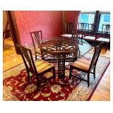 Vintage Chinese Chippendale Chinoiserie Style Mahogany Dining Table With Octagon Glass Top, 8 Chairs & Large Red Ornate Area Rug