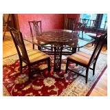 Vintage Chinese Chippendale Chinoiserie Style Mahogany Dining Table With Octagon Glass Top, 8 Chairs & Large Red Ornate Area Rug