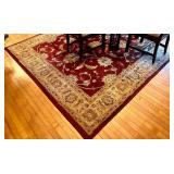 Vintage Chinese Chippendale Chinoiserie Style Mahogany Dining Table With Octagon Glass Top, 8 Chairs & Large Red Ornate Area Rug