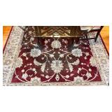 Vintage Chinese Chippendale Chinoiserie Style Mahogany Dining Table With Octagon Glass Top, 8 Chairs & Large Red Ornate Area Rug