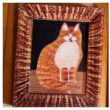 Vintage Folk Art Painting of an Orange Cat & Cows in Field