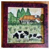 Vintage Folk Art Painting of an Orange Cat & Cows in Field