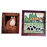 Vintage Folk Art Painting of an Orange Cat & Cows in Field