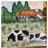 Vintage Folk Art Painting of an Orange Cat & Cows in Field