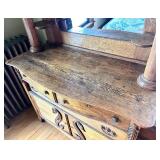 Antique Oak Chest of Drawers with Mirror, Display Shelves & Carved Wood Designs