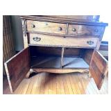 Antique Oak Chest of Drawers with Mirror, Display Shelves & Carved Wood Designs