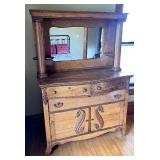 Antique Oak Chest of Drawers with Mirror, Display Shelves & Carved Wood Designs