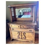 Antique Oak Chest of Drawers with Mirror, Display Shelves & Carved Wood Designs