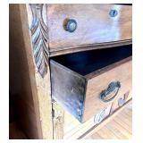 Antique Oak Chest of Drawers with Mirror, Display Shelves & Carved Wood Designs