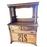 Antique Oak Chest of Drawers with Mirror, Display Shelves & Carved Wood Designs