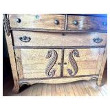 Antique Oak Chest of Drawers with Mirror, Display Shelves & Carved Wood Designs