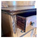 Antique Oak Chest of Drawers with Mirror, Display Shelves & Carved Wood Designs