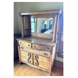 Antique Oak Chest of Drawers with Mirror, Display Shelves & Carved Wood Designs