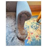 Pair of Vintage Dark Blue Wingback Arm Chairs & Matching Ottoman